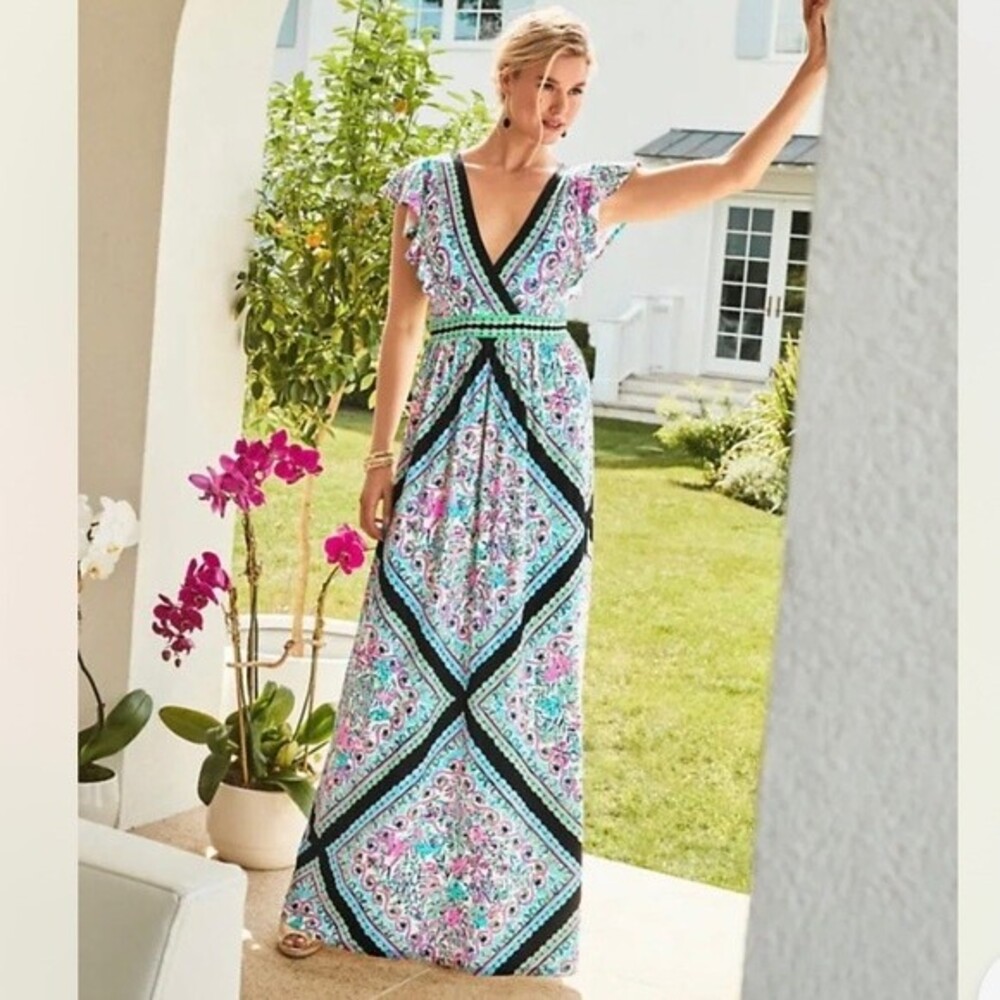Lilly Pulitzer Roselle Maxi Dress Blue Pink Jersey Knit Stretch NWT Size 2